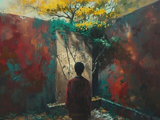 Obraz premium A young man stands in a room with red walls and a door overgrown with vines. Light streams through the door, illuminating the man.