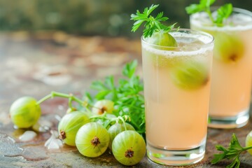 Fototapeta premium Refreshing gooseberry juice with fresh organic green gooseberries, perfect for a vitamin-packed summer detox drink