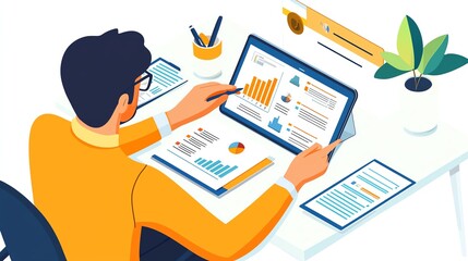 Naklejka premium Man analyzing business reports and financial charts on laptop at desk, showing market trends and data insights in an office setting.