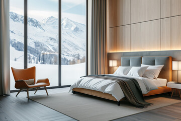 Modern minimalist luxury hotel room overlooking the mountains