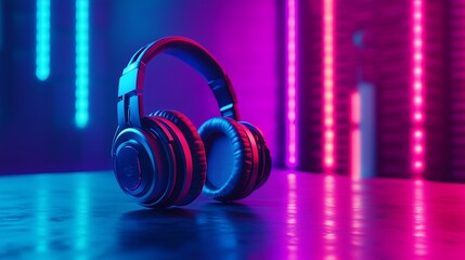 A colorful podcast studio with headphones and a microphone on the table.