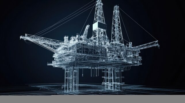 Wireframe illustration of an offshore oil rig.