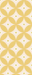 A repeating geometric pattern featuring overlapping shapes in soft gold and cream tones.