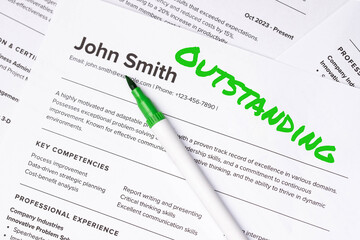 Fake mock CV (curriculum vitae) resume for John Smith, selected by HR as the perfect candidate for a job. Concept of job search, employee selection, recruitment process, work and hiring. Outstanding.