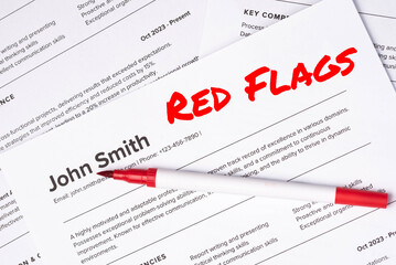 Fake mock CV (curriculum vitae) for John Smith, rejected by HR as not the right candidate. Concept of job search, hiring mismatch, recruitment process, and rejection. Red Flags