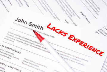 Fake mock CV (curriculum vitae) for John Smith, rejected by HR as not the right candidate. Concept of job search, hiring mismatch, recruitment process, and rejection. Lacks Experience