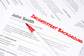 Fake mock CV (curriculum vitae) for John Smith, rejected by HR as not the right candidate. Concept of job search, hiring mismatch, recruitment process, and rejection. Inconsistent Background