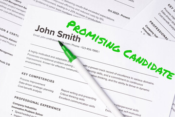 Fake mock CV curriculum vitae) resume for John Smith, selected by HR as perfect candidate for job. Concept of job search, employee selection recruitment process, work and hiring. Promising Candidate