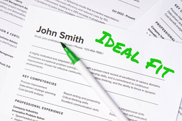 Fototapeta premium Fake mock CV (curriculum vitae) resume for John Smith, selected by HR as the perfect candidate for a job. Concept of job search, employee selection, recruitment process, work and hiring. Ideal Fit.