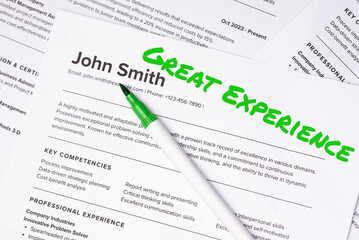 Obraz premium Fake mock CV curriculum vitae) resume for John Smith, selected by HR as perfect candidate for job. Concept of job search, employee selection recruitment process, work and hiring. Great Experience