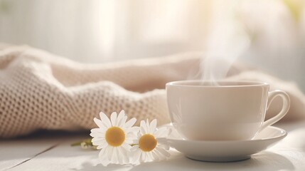 Serene Morning Tea Ritual - Delicate Porcelain Cup of Chamomile with Gentle Steam Cozy Blanket and Soft Music for a Relaxing Atmosphere