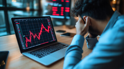 A businessman in casual attire with a pained expression, sitting at a desk with his laptop showing a steeply declining stock market chart in red, symbolizing loss and fear.