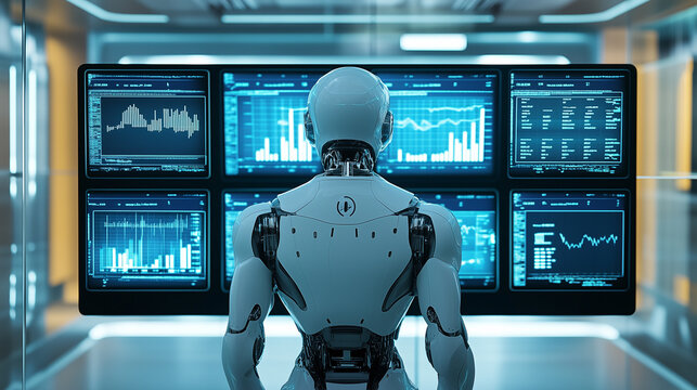 humanoid robot is looking on business-related display in neon blue lighting room