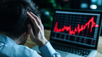A businessman pulling his hair in frustration, with a laptop in front of him displaying a collapsing stock market graph in red, symbolizing significant financial losses.