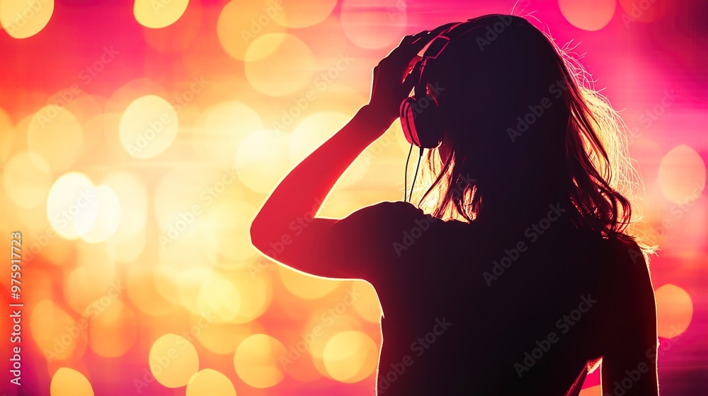 Poster Silhouette a Young Woman Listening to Music with Smartphone background