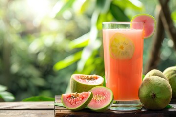 Refreshing tropical guava juice with pink guava slices, perfect for summer health and vitality