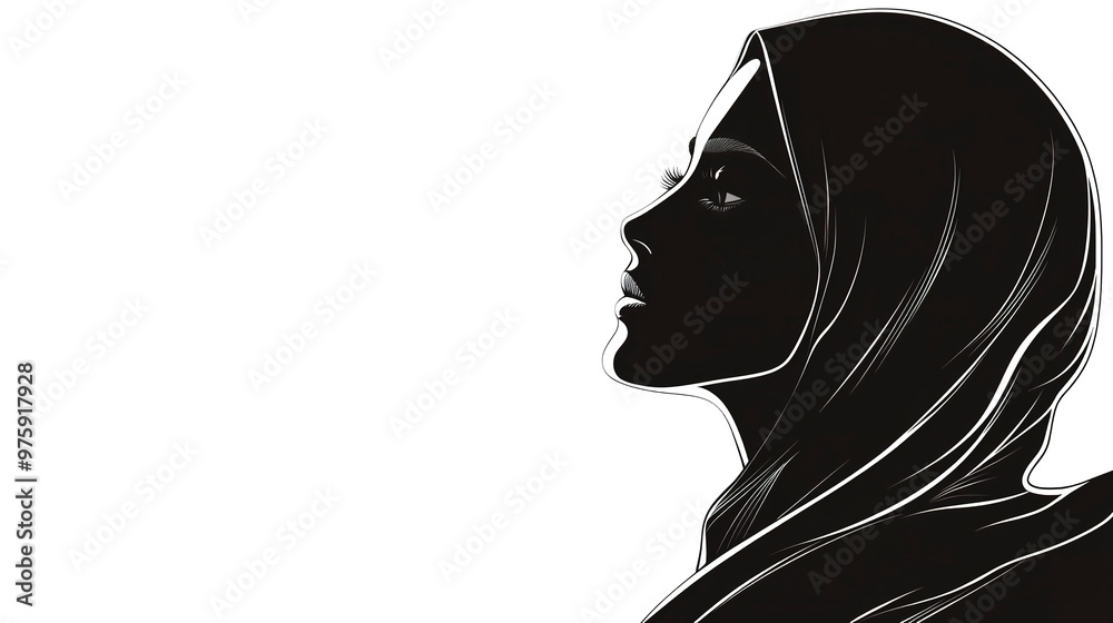 Wall mural Side view black line art silhouette of Muslim woman portrait on white background