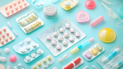 Assorted medical pills, capsules, and syringes on display.