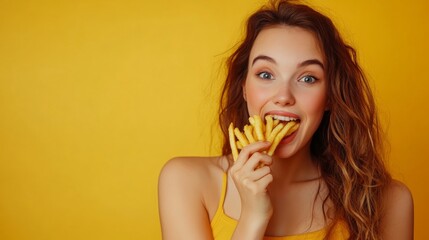 Hungry Young Woman Eating French-Fries On Yellow Studio Background. Cheat Meal Concept