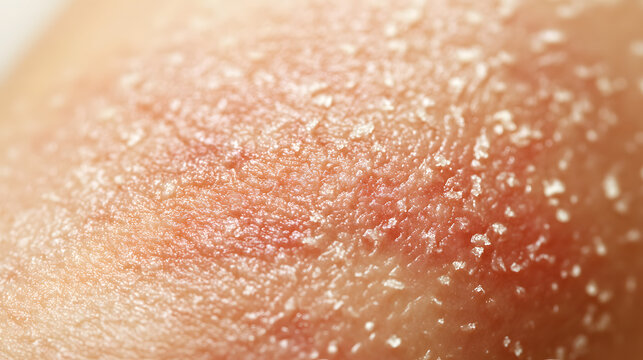 Zoomed-in view of flaky, red, and irritated skin