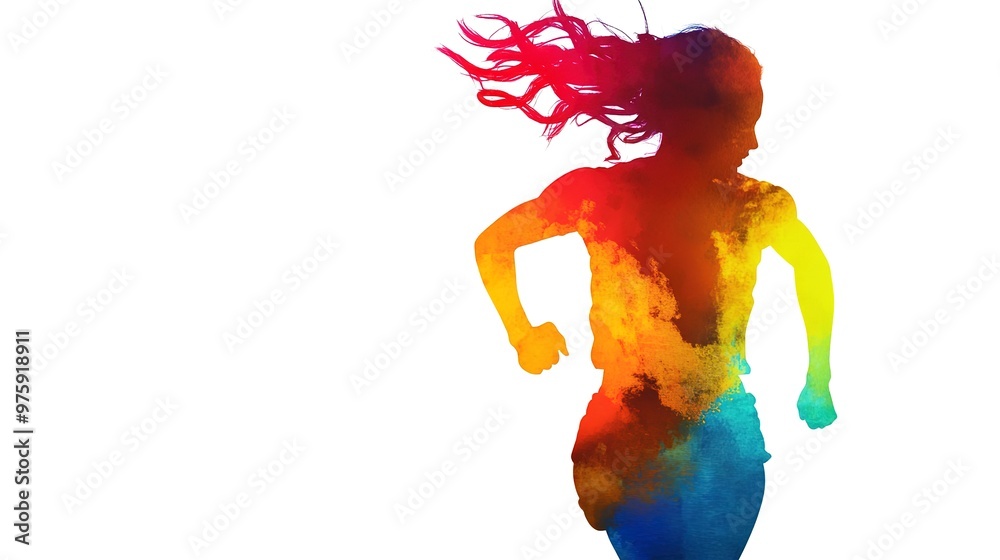 Wall mural Silhouette of a woman running against a bright on white background