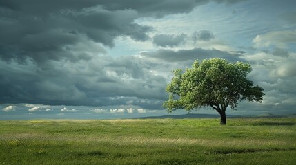 A lone tree stands tall in a vast green field under a dramatic stormy sky.