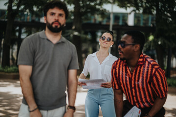 Multiracial business team engaged in discussing sales strategies and revenue growth outdoors, fostering innovative thinking for profitability and development.