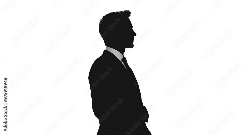 Poster black silhouette of a Businessperson in a Suit with thick outline side view isolated on white background 