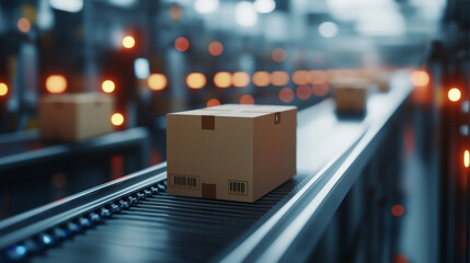 A close-up of a cardboard box rolling down a conveyor belt, surrounded by automated machinery and advanced scanning technology, representing efficient order processing in a warehou