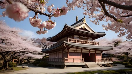 Traditional Japanese Temple Amidst Cherry Blossoms &ndash; Serene Architecture with Blooming Sakura