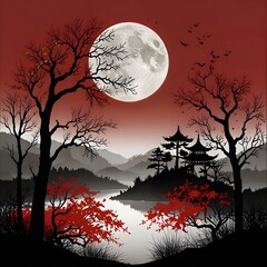 Asian Design red white black with tress and the Moon