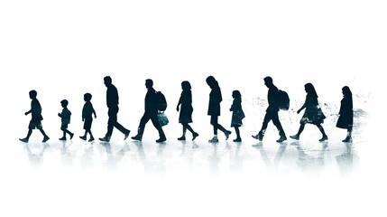 Silhouettes of Families and Individuals Walking on white background 
