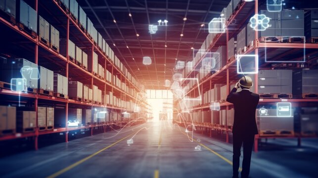 A worker engages with AR tech in a modern warehouse environment, showcasing advanced inventory solutions.