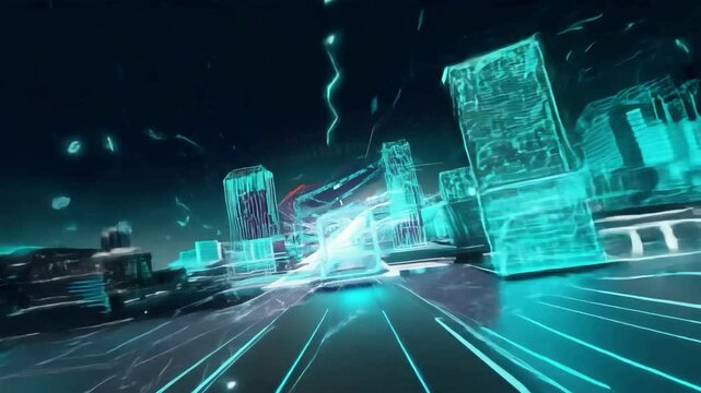 Discover futuristic cityscapes with vibrant neon lights and dynamic motion in a modern urban environment