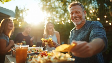 Celebrating National Nachos Day Friends Enjoying Toppings at Outdoor Nachos Bar Gathering