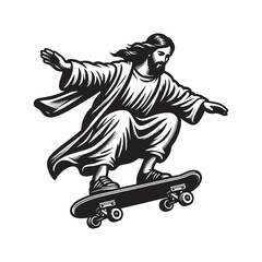 Jesus on a skateboard. abstract vector black hand drawn illustration. Tattoo, print, sketch