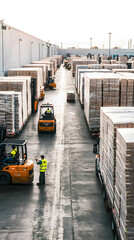 Forklifts moving large pallets in industrial freight dock.