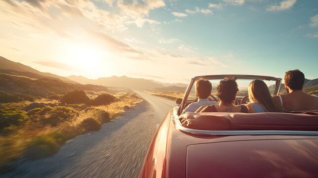 Group of friends enjoying a road trip in sunset views.