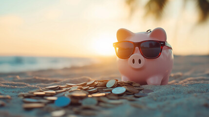 A piggy bank wearing sunglasses and relaxing on a beach with coins around it, symbolizing saving for leisure and retirement.