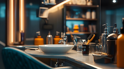 Modern barbershop sink with grooming tools and products.