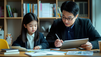 Asian Father guiding daughter in educational activity