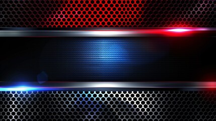 A dark background with metal accents, red, blue, and silver highlights.