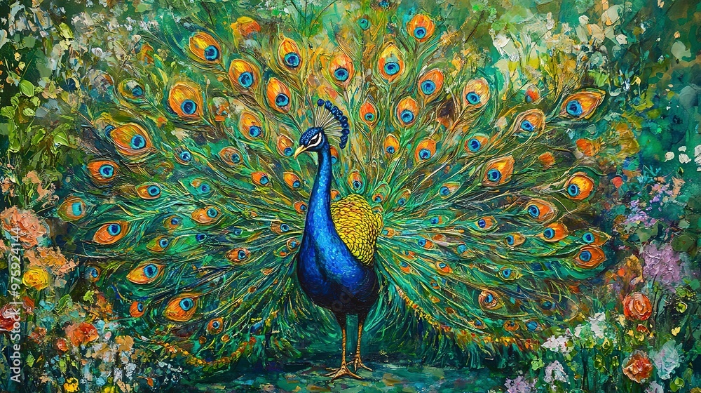 Sticker Vibrant male peacock spreads stunning iridescent feathers in a lush green garden, showcasing vibrant blues, emerald greens, and gold hues in majestic natural surroundings