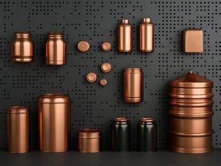 Fototapeta premium A collection of stylish copper containers displayed against a modern black wall, perfect for home decor or organization ideas.
