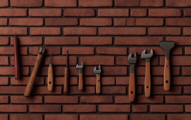A collection of various hand tools arranged against a brick wall, showcasing craftsmanship and utility for construction projects.