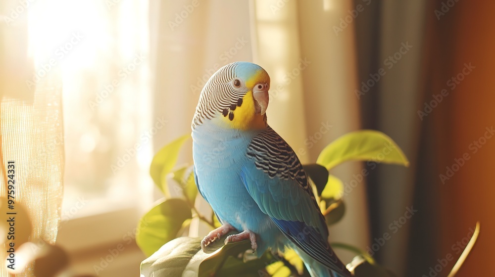 Wall mural Blue Parakeet Sitting in a Sunlit Room. Concept of Pet Birds, Domestic Animals, Home Decor, Peaceful Ambiance 