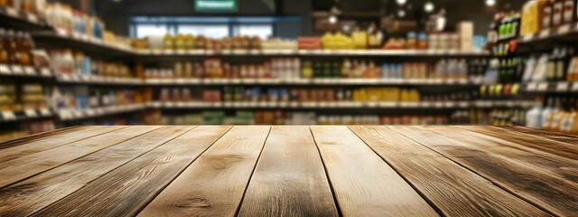 Wooden table top with a blurred background of a supermarket interior, featuring shelves full of products for product display or montage