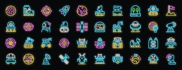 This vibrant collection of neon icons captures the spirit of space exploration with its futuristic and glowing design
