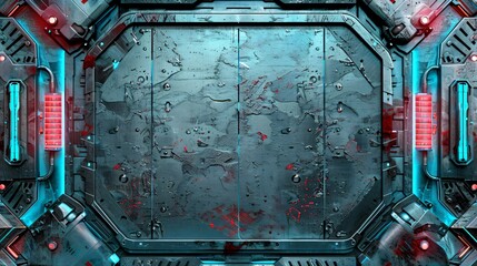 A futuristic, metallic, gray and teal panel with red and blue glowing lights.