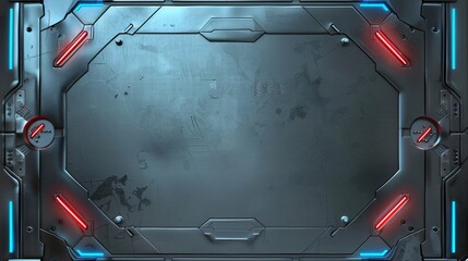 Futuristic Metal Panel. A gray metal panel with red and blue glowing lines along the edges.